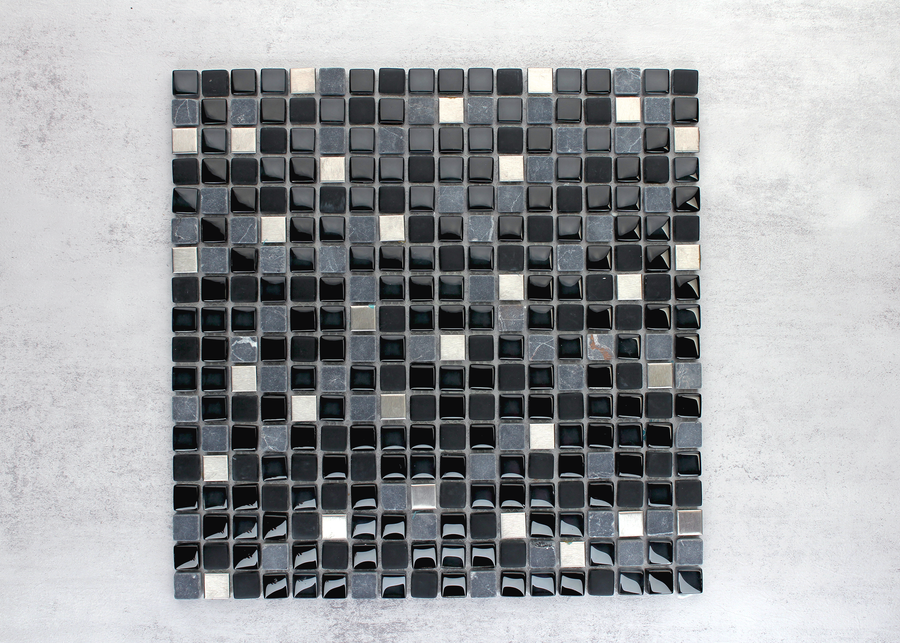 Black Mixed Stainless Steel, Glass and Stone Squares-STONE MIX-Mosaic Mode